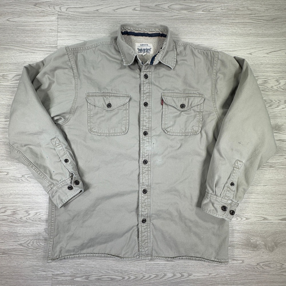 Levi's Men's Shirt Jacket Sherpa Lined Canvas Workwear Khaki Tan Large